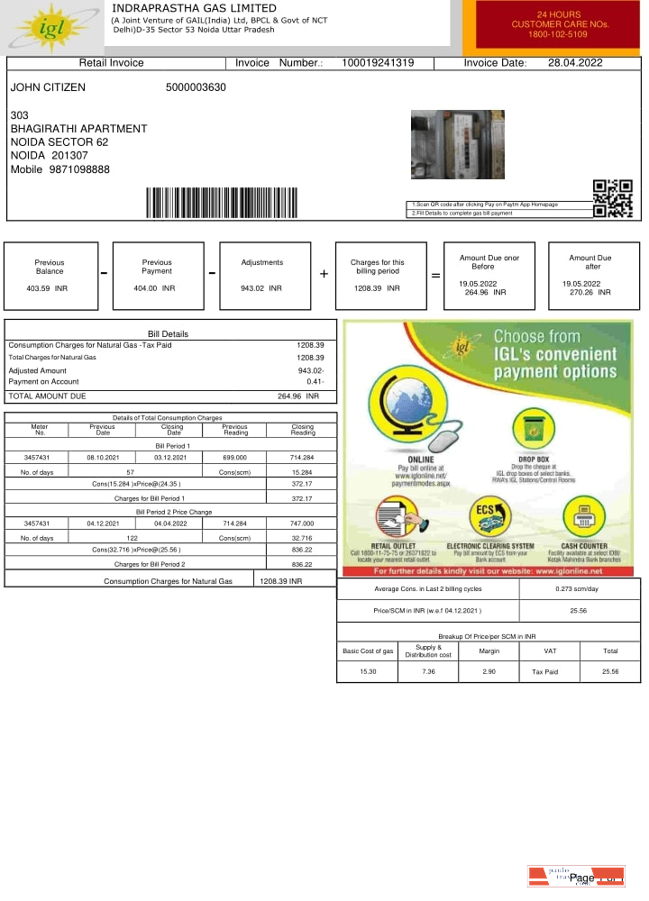 India INDRAPRASTHA GAS LIMITED utility bill